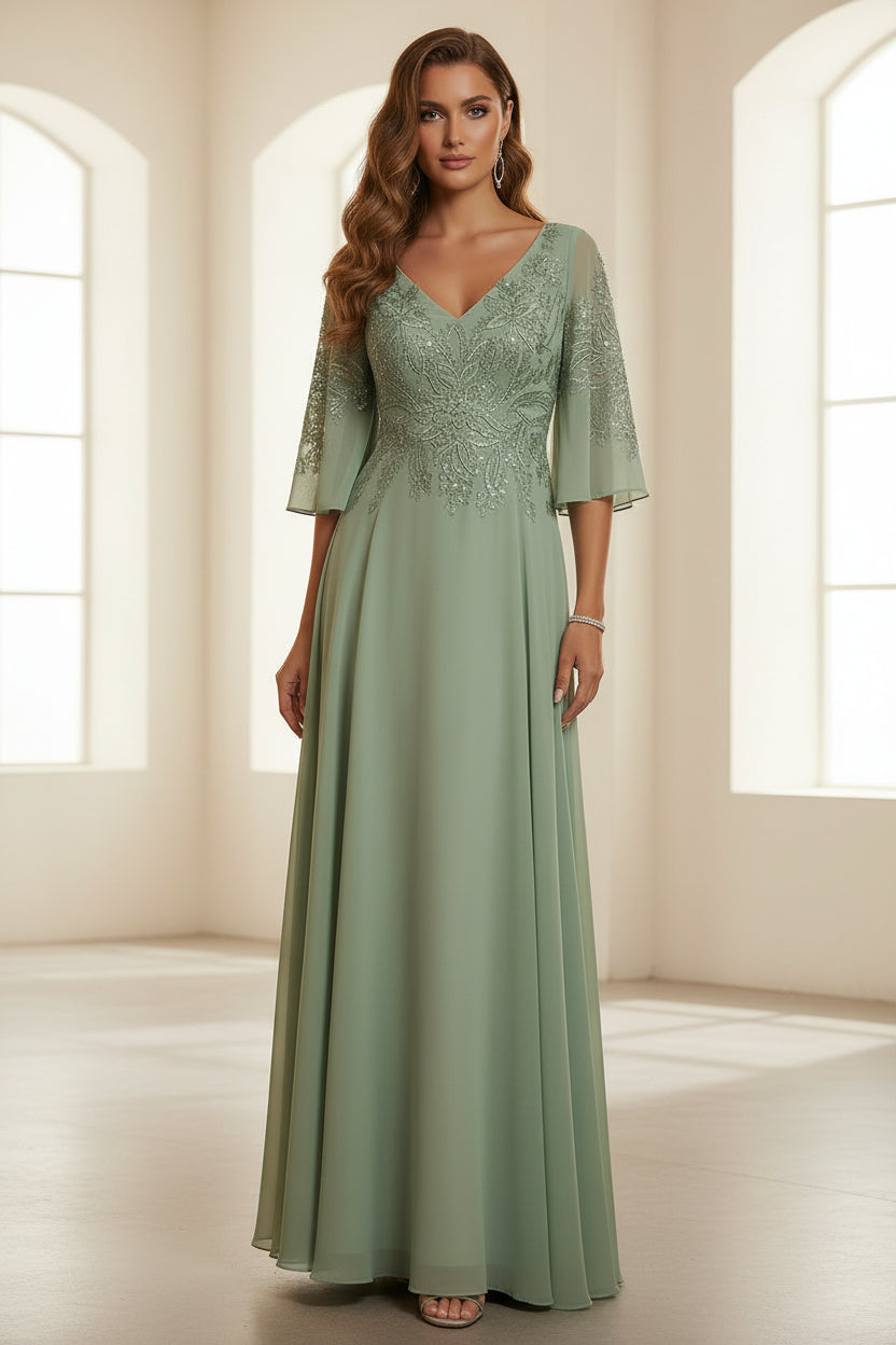 Embroidered V-Neck Chiffon Evening Gown