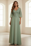 Embroidered V-Neck Chiffon Evening Gown