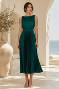 Pleated Satin A-Line Midi Dress with Bateau Neck