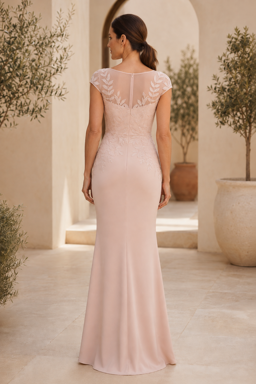 Illusion Lace Mermaid Evening Gown with Cap Sleeves