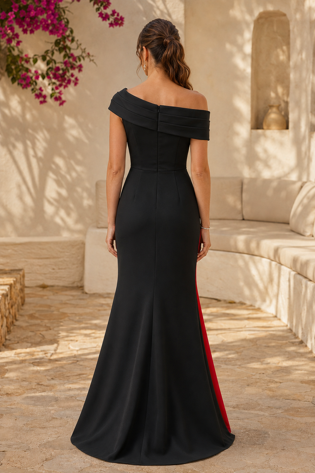 Pleated Inset Asymmetrical Gown with Beading