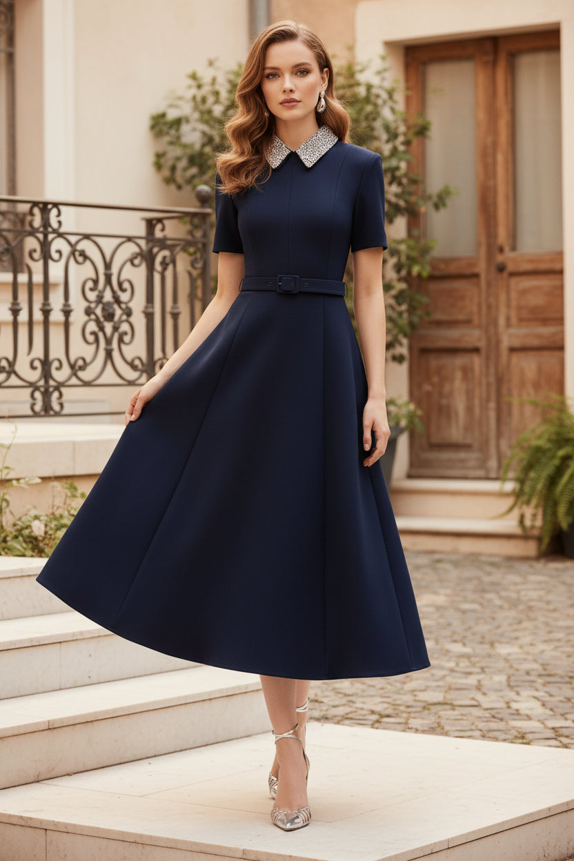 Beaded Collar A-Line Midi Dress