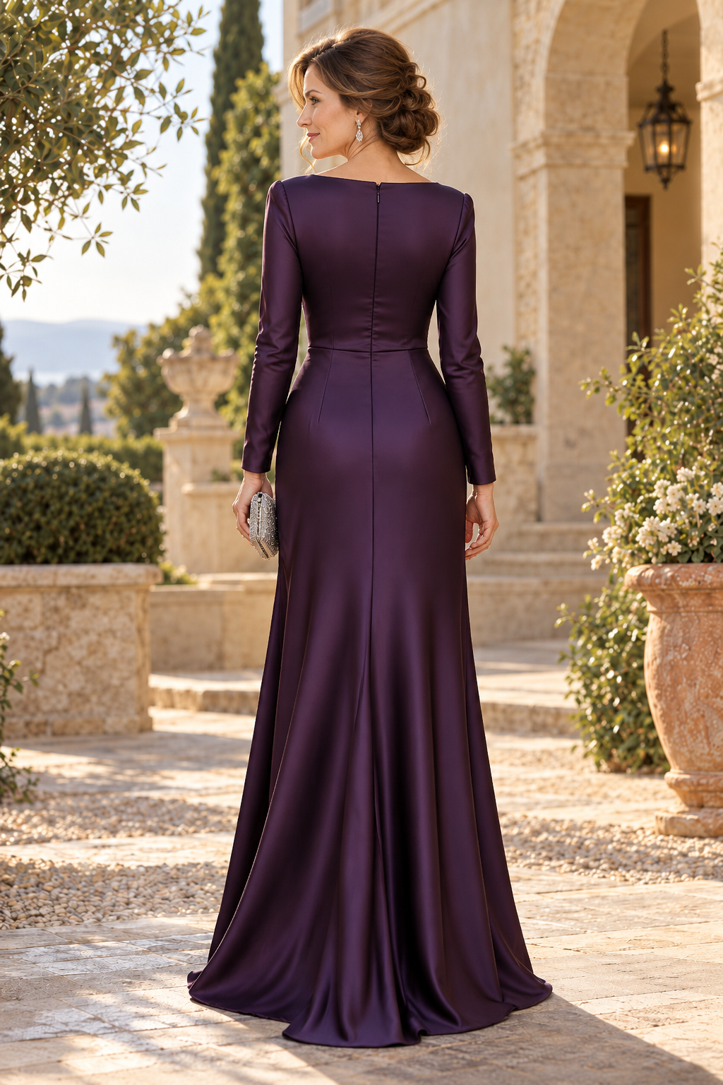 Long Sleeve Pleated Gown with Front Slit