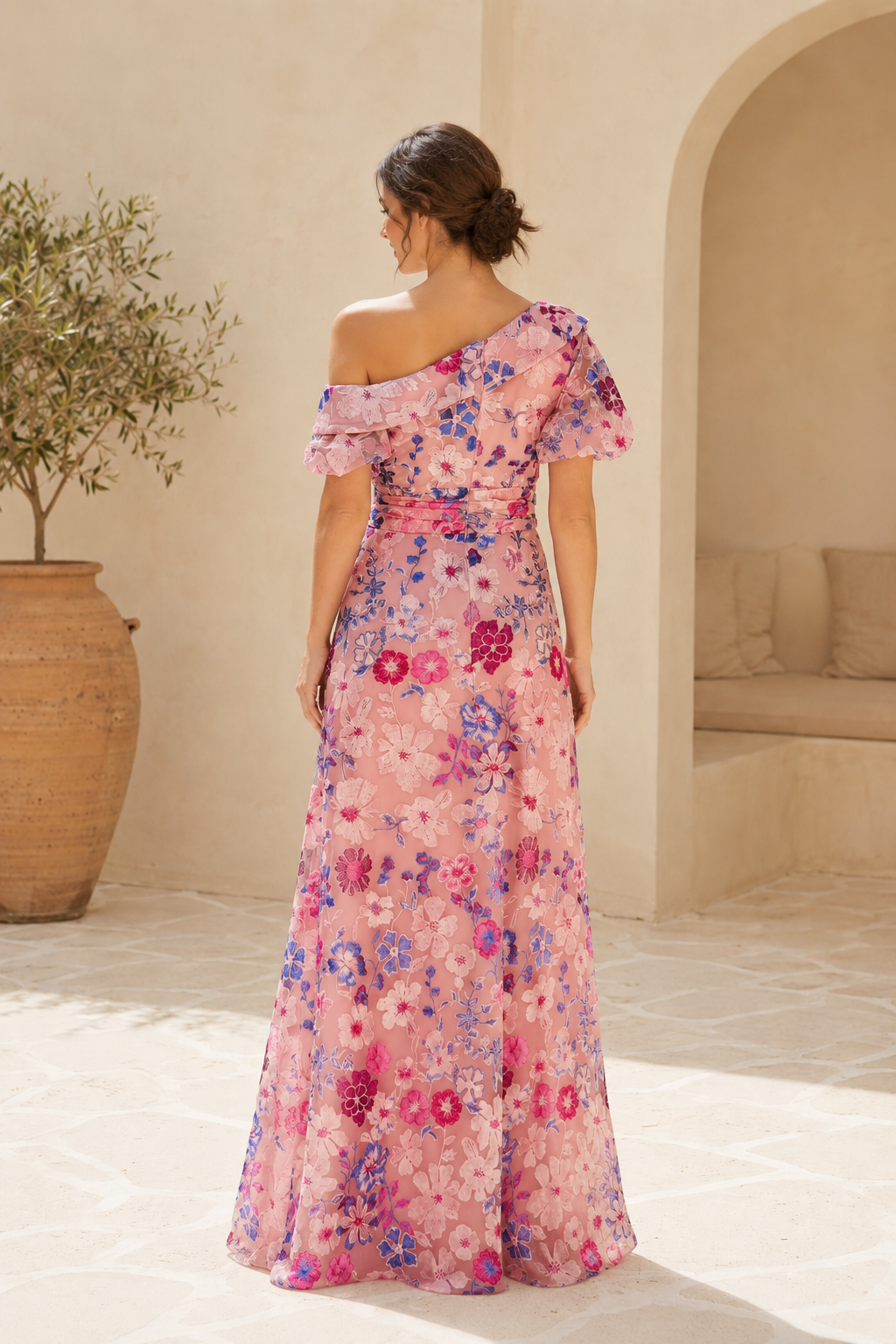 One-Shoulder Floral Embroidered A-Line Evening Gown