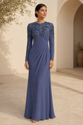 Long Sleeve Floral Beaded Evening Gown