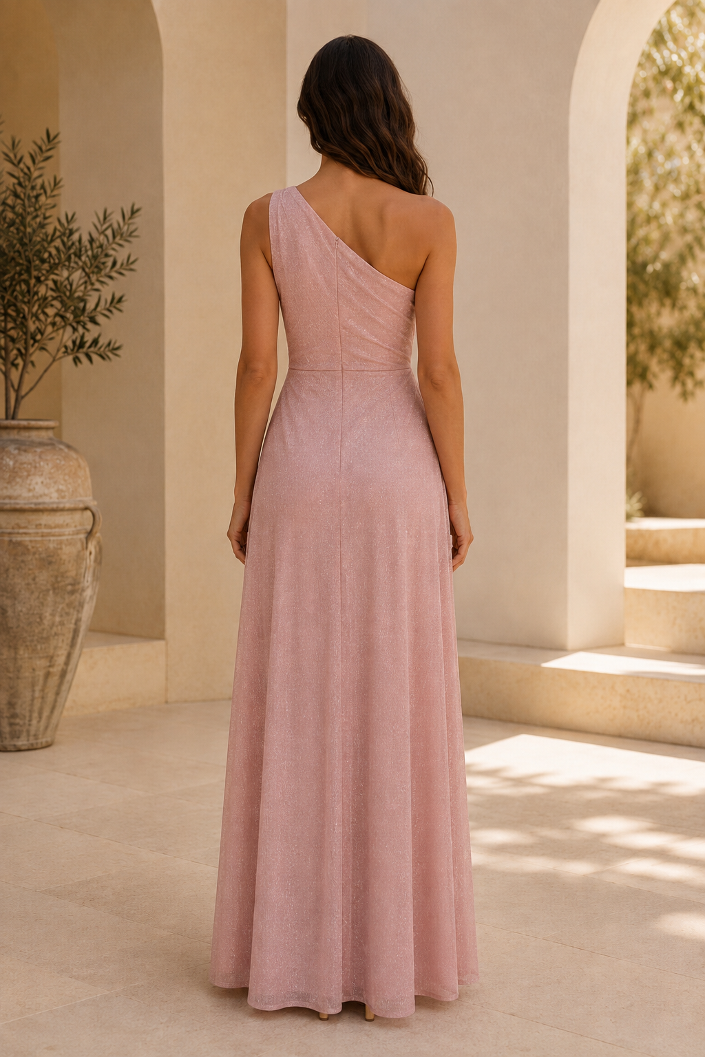 One-Shoulder Glitter Gown with Cascading Ruffle Skirt