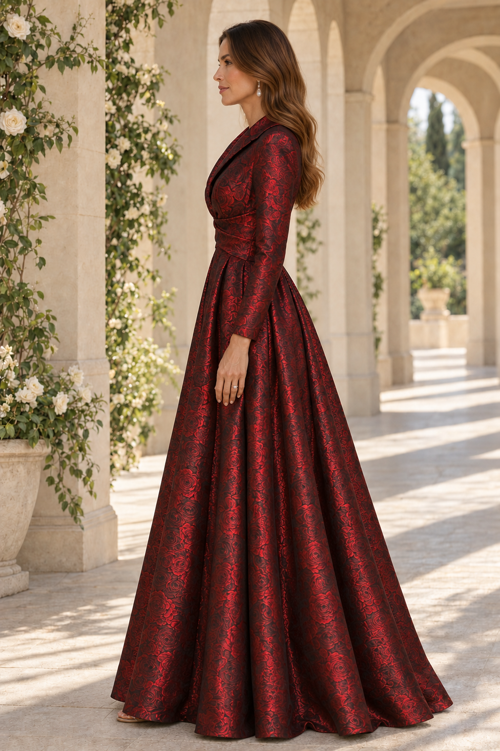 Floral Jacquard Long-Sleeve Ball Gown