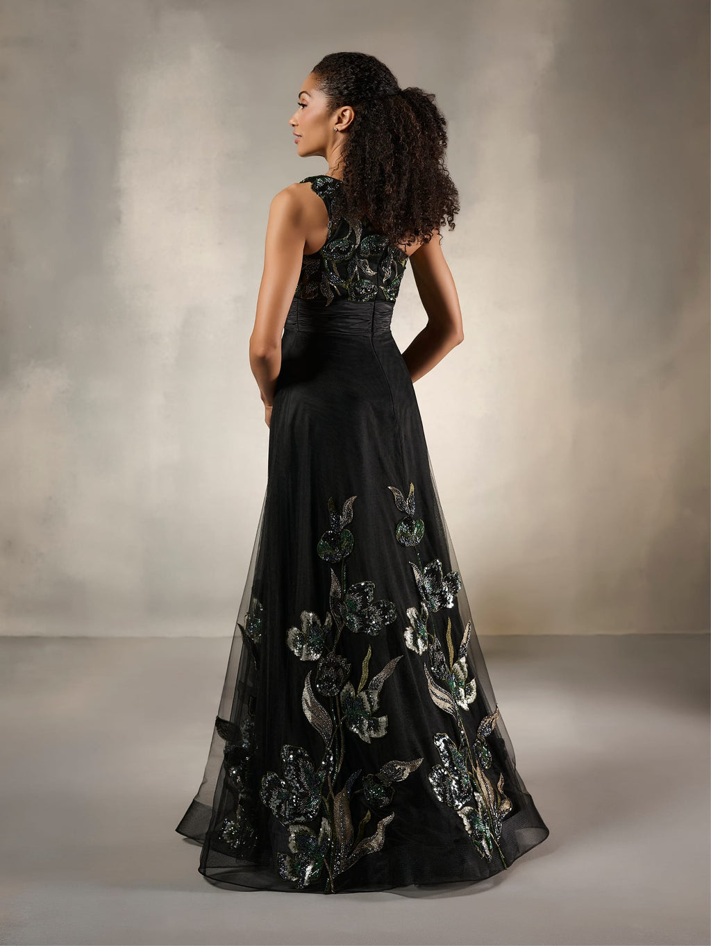 One-Shoulder Floral Sequin A-Line Evening Gown