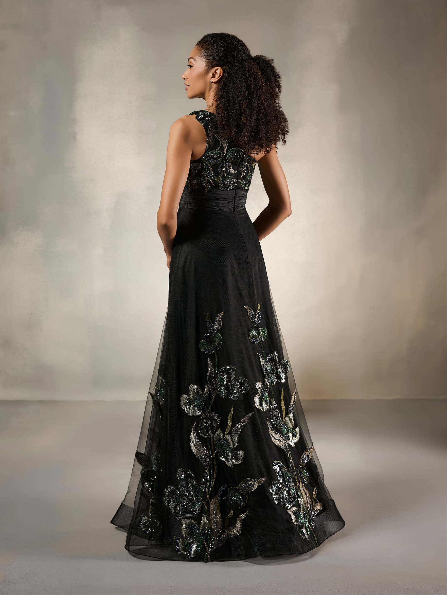 One-Shoulder Floral Sequin A-Line Evening Gown