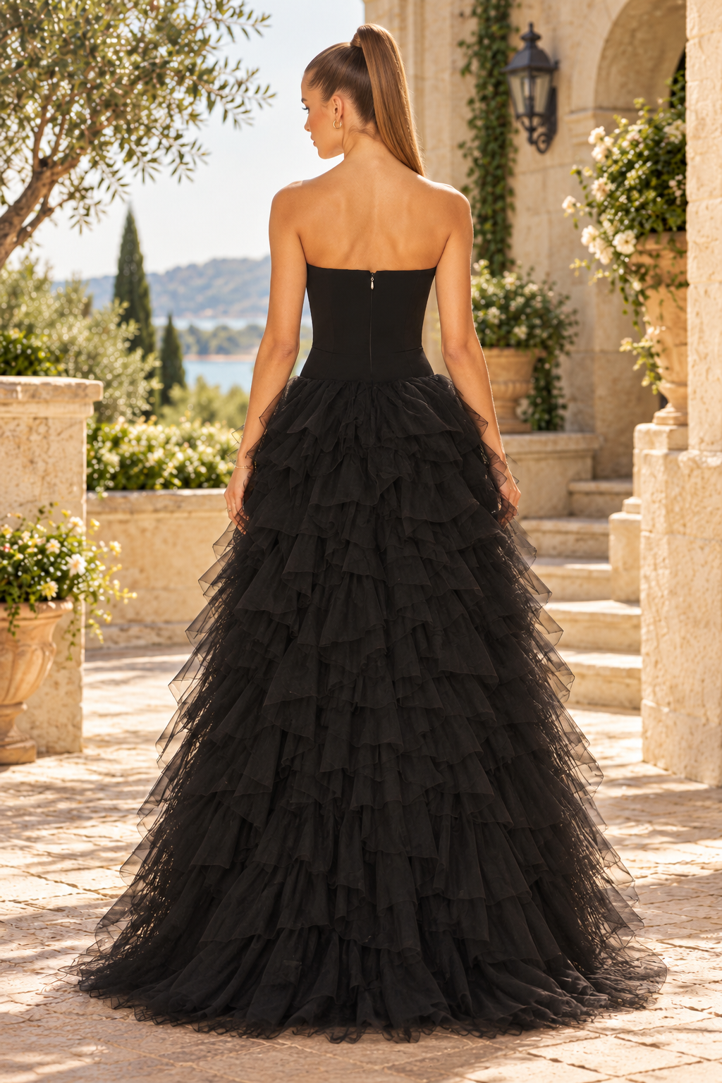 Strapless Tiered Tulle Gown with High Leg Slit