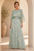 Floral Chiffon A-Line Gown with Flutter Sleeves