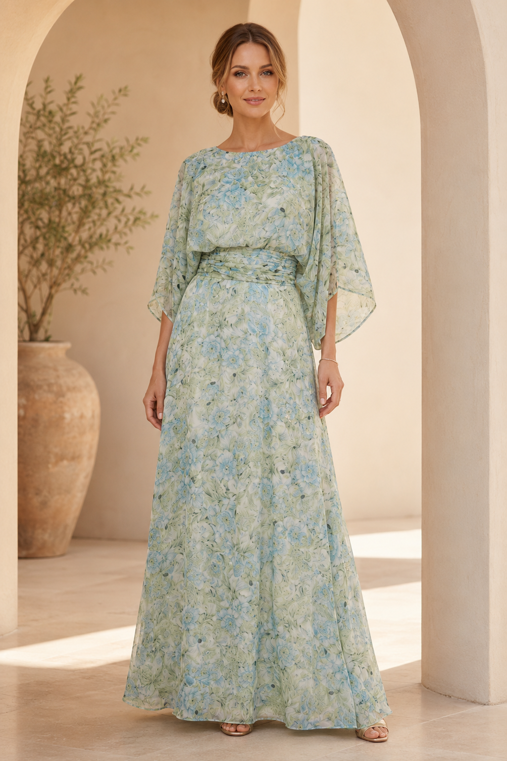 Floral Chiffon A-Line Gown with Flutter Sleeves
