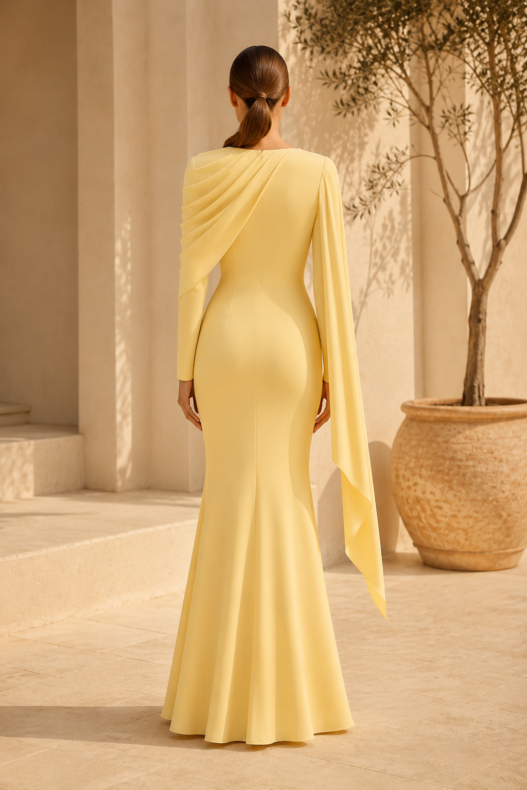 Draped Cape Sleeve Mermaid Evening Gown
