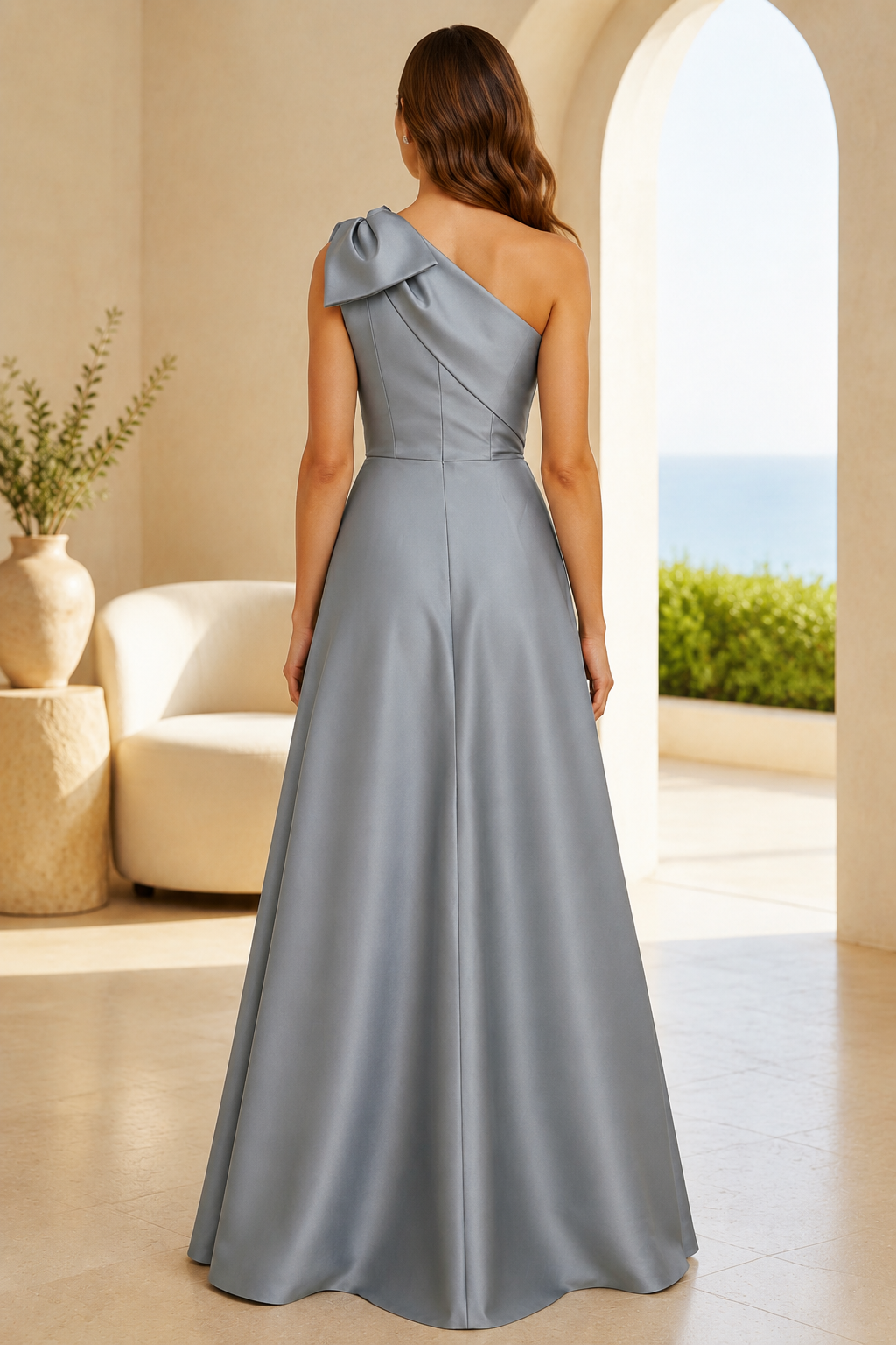 One-Shoulder Floral Jacquard Gown with Bow Detail