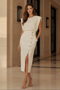Sleeveless Button Slit Midi Sheath Dress