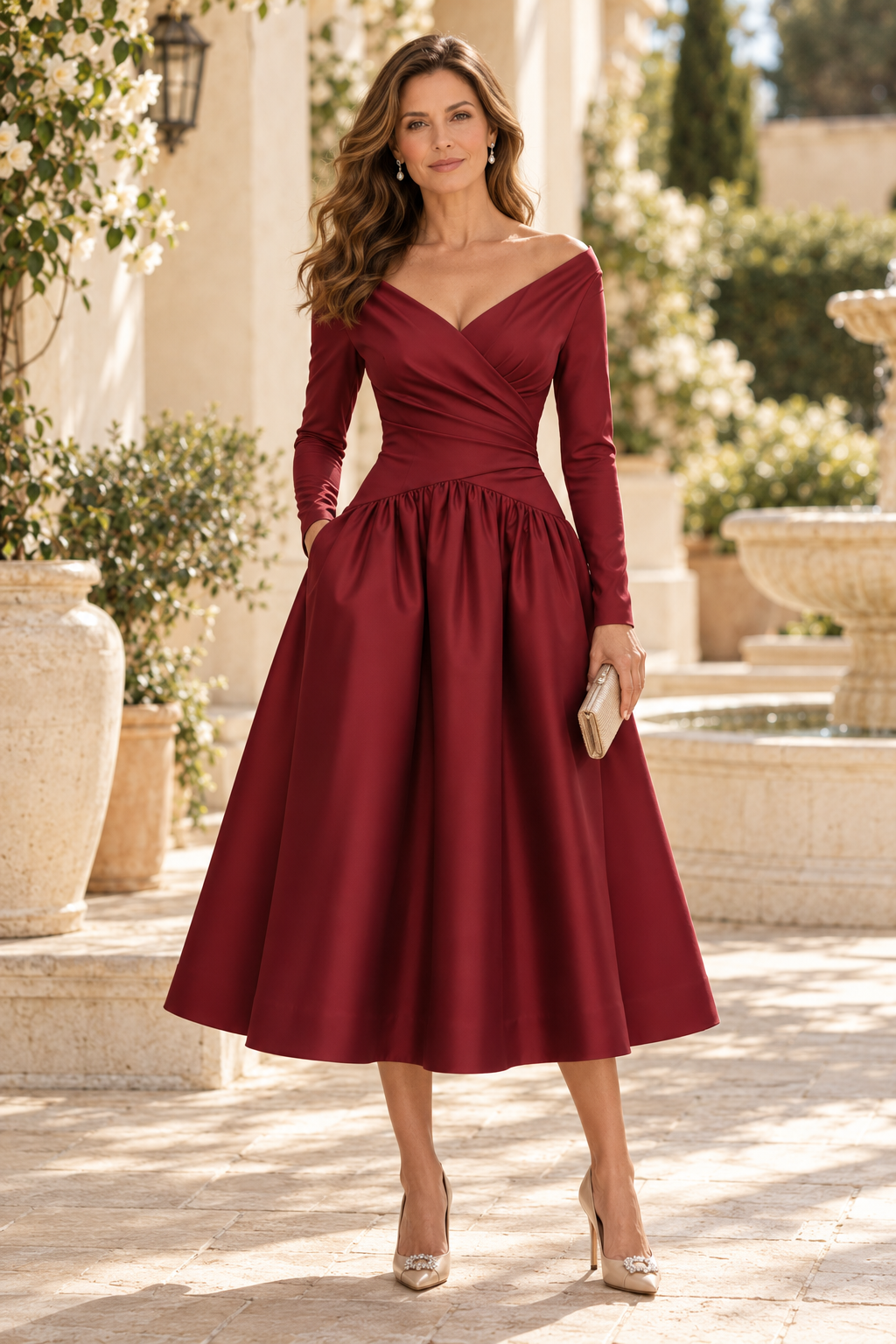 Off-the-Shoulder Long Sleeve Midi Dress
