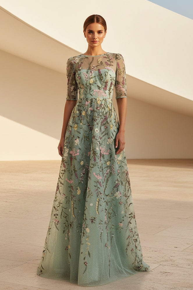 Embroidered Tulle A-Line Evening Gown