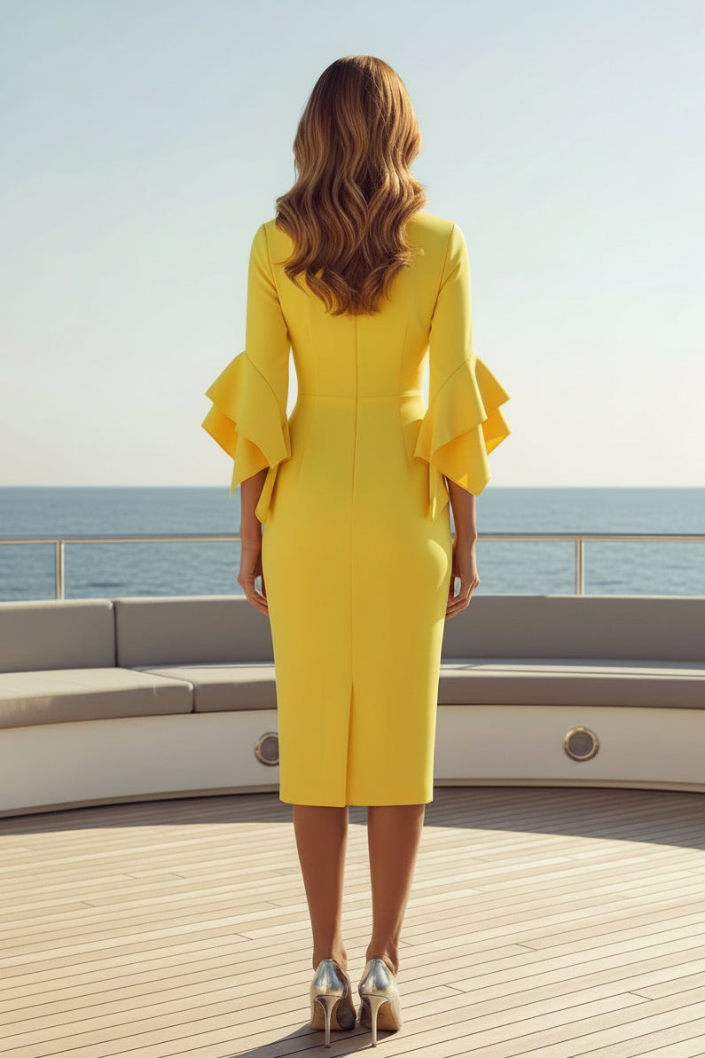Midi Sheath Dress with Dramatic Ruffle Sleeves