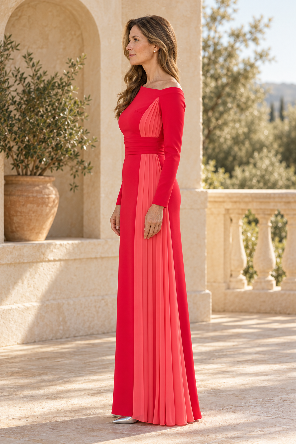 Asymmetric Neckline Gown with Pleated Side Insert