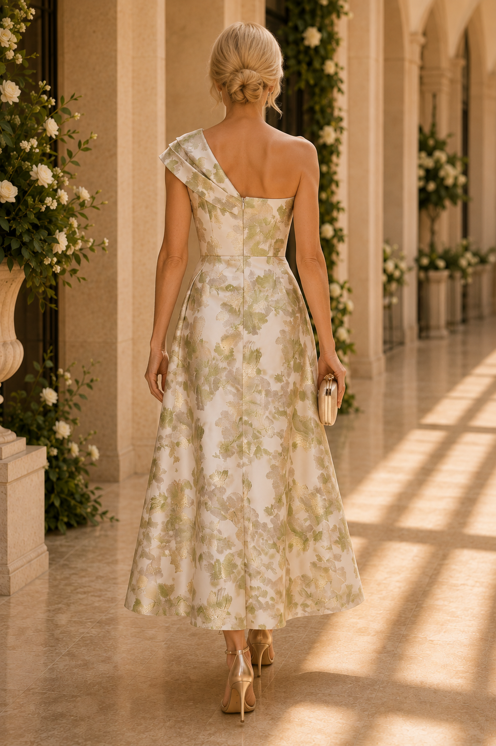One-Shoulder Floral Jacquard Tea-Length Dress