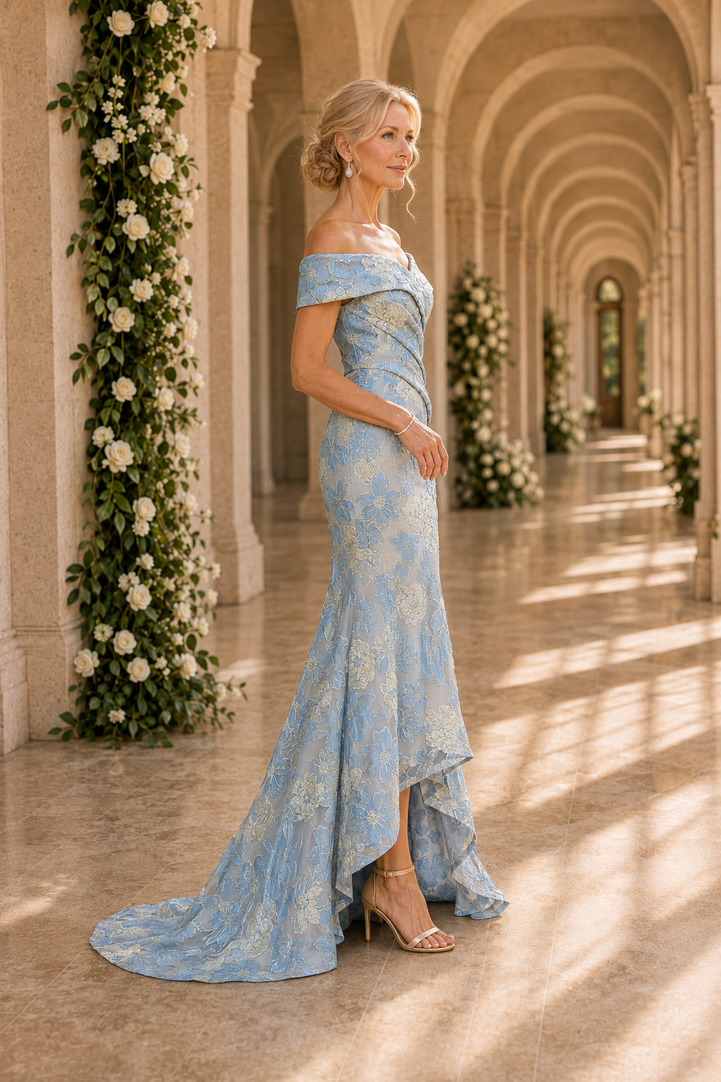 Off-the-Shoulder Floral High-Low Evening Dress