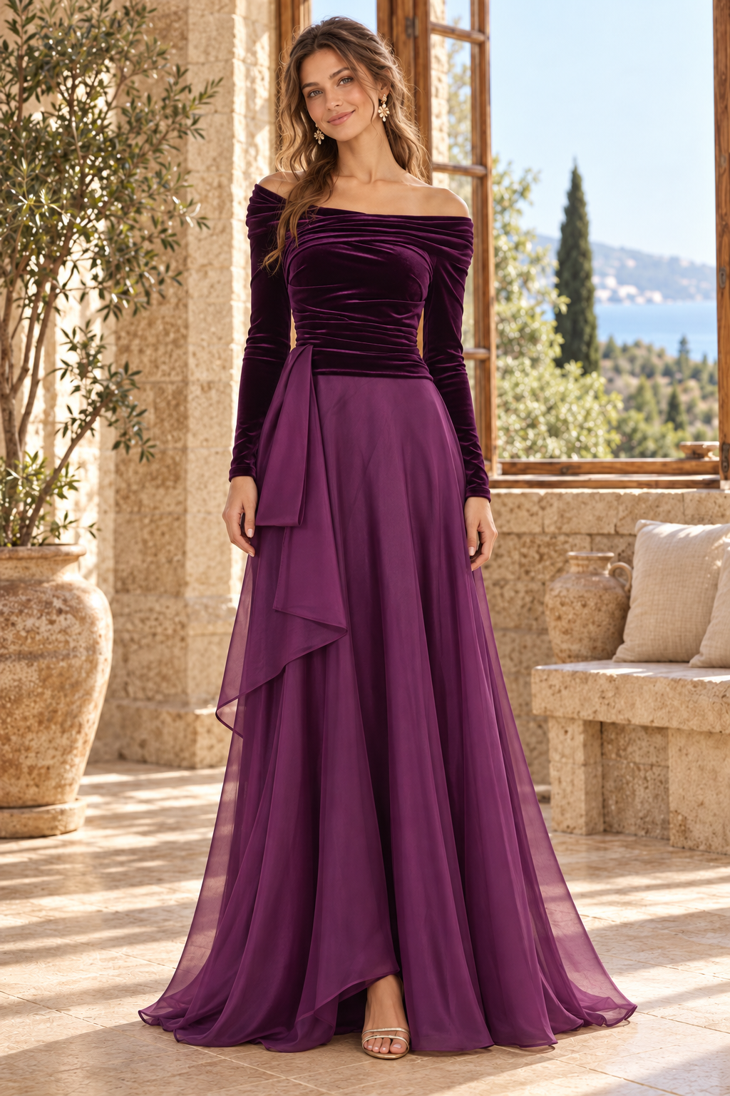 Off-the-Shoulder Velvet Bodice A-Line Gown