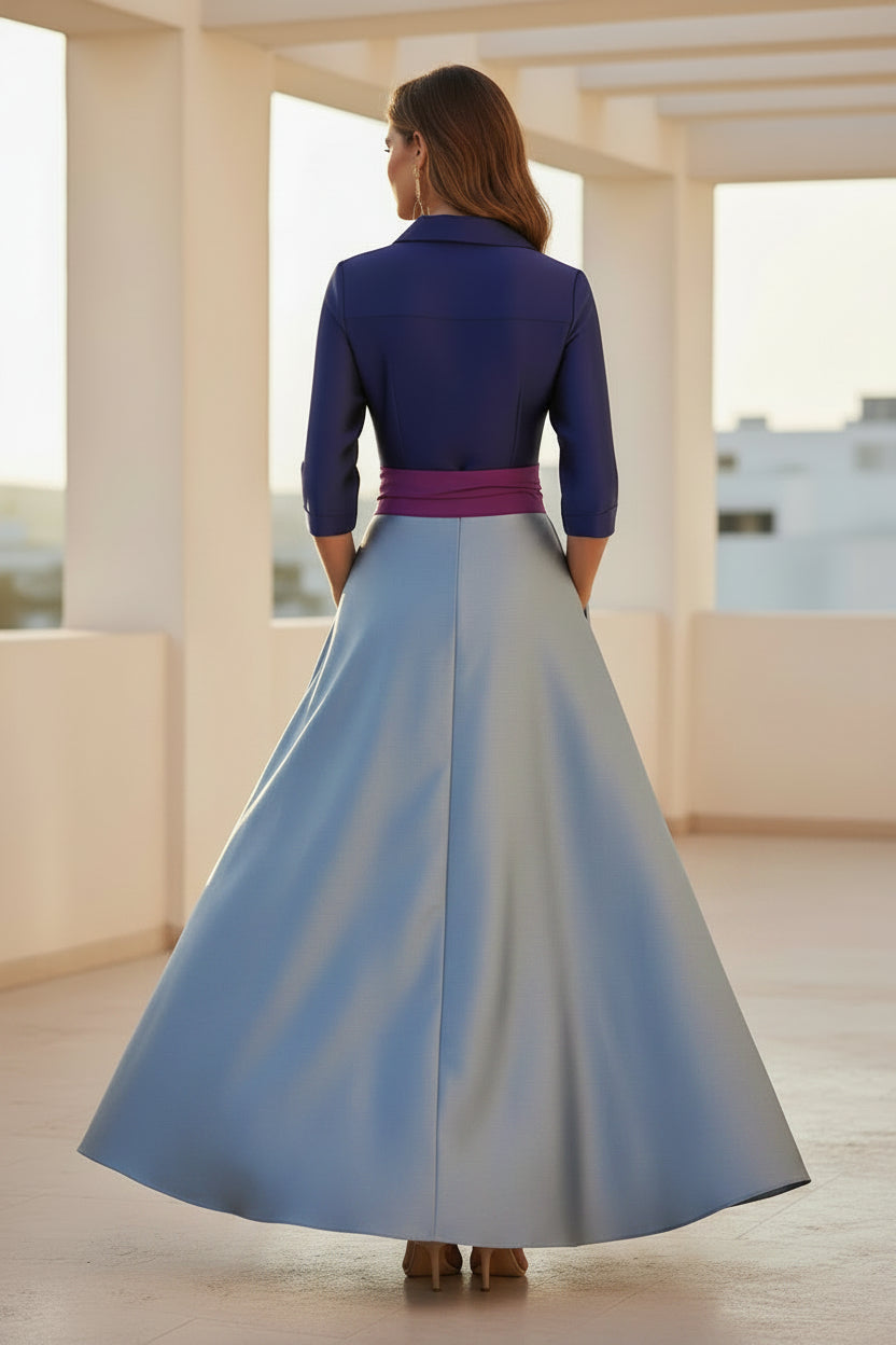 Colorblock Shirt-Style Gown with Sash Belt