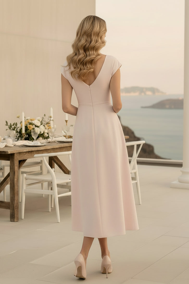 Cap Sleeve V-Neck Applique Midi Dress