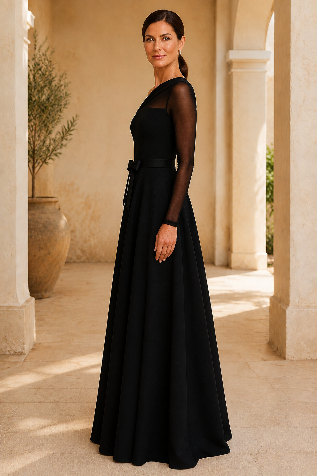 One-Shoulder Illusion Long Sleeve A-Line Gown
