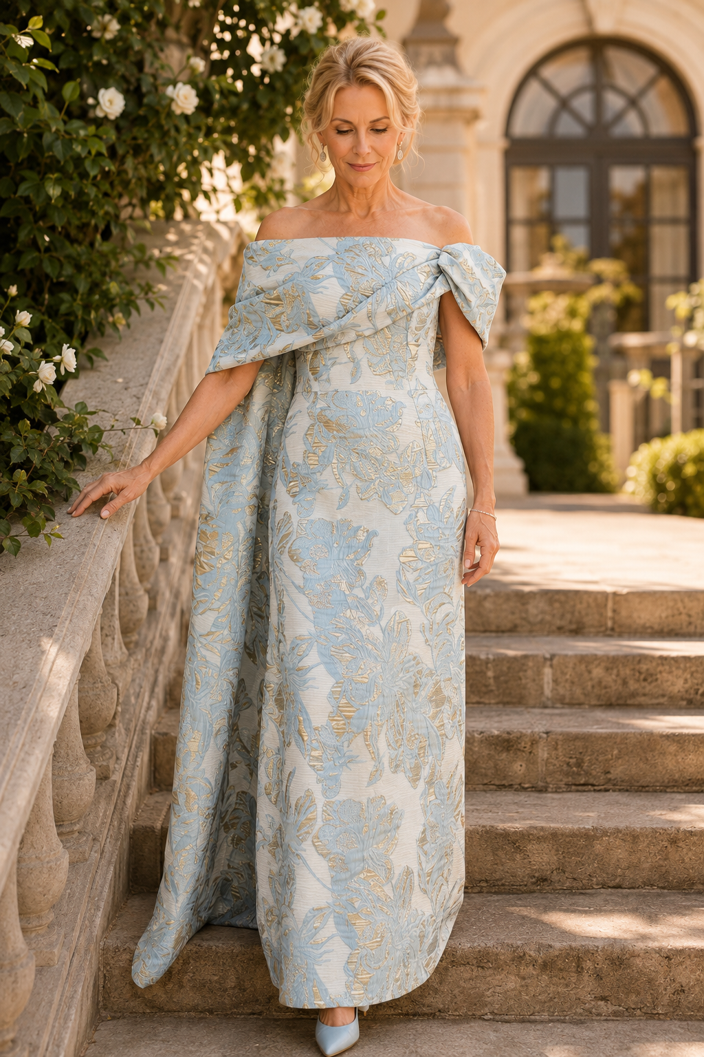 Off-Shoulder Brocade Gown with Draped Cape