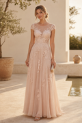 Illusion Lace Bodice Cap Sleeve A-Line Gown