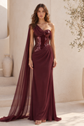 One-Shoulder Sequin Corset Evening Gown with Cape