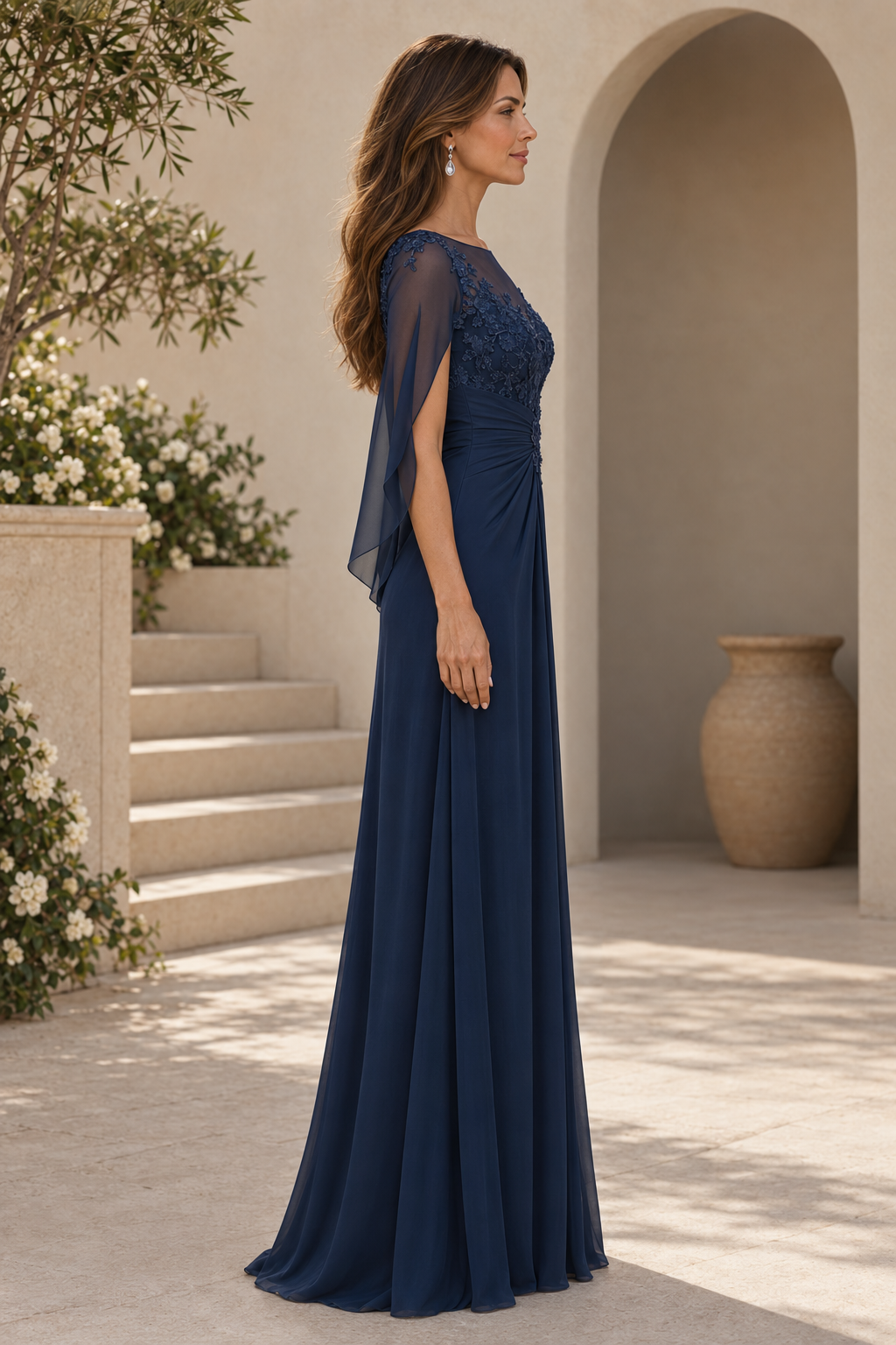 Illusion Neckline Cape Evening Gown with Appliques