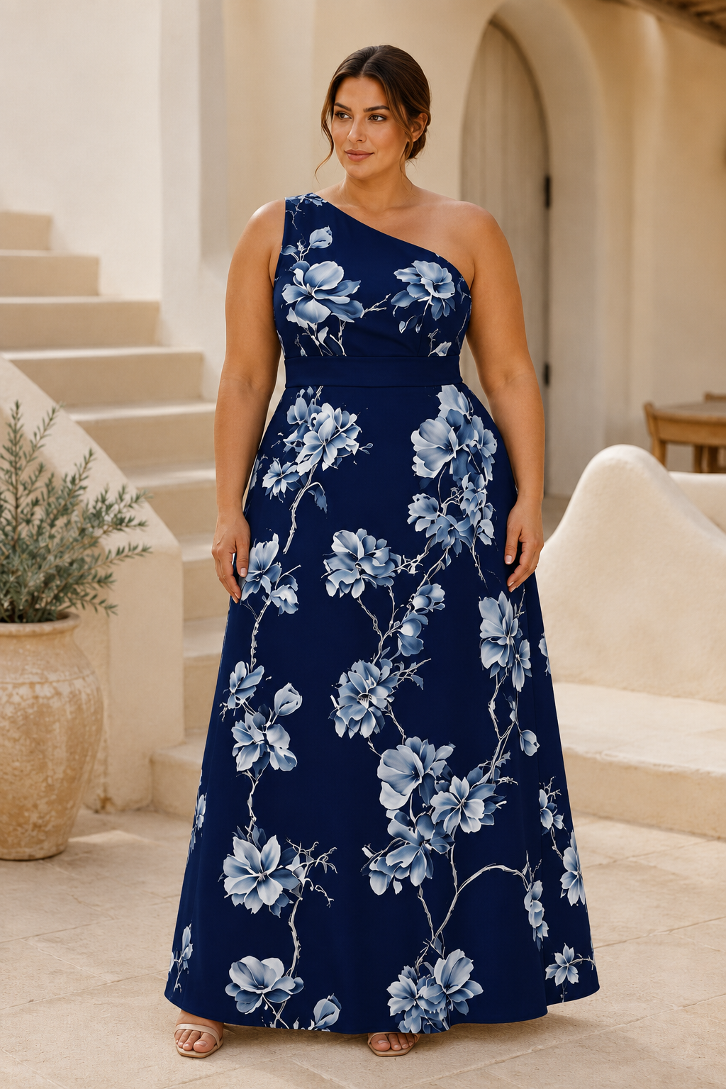 One-Shoulder Floral Print A-Line Maxi Dress