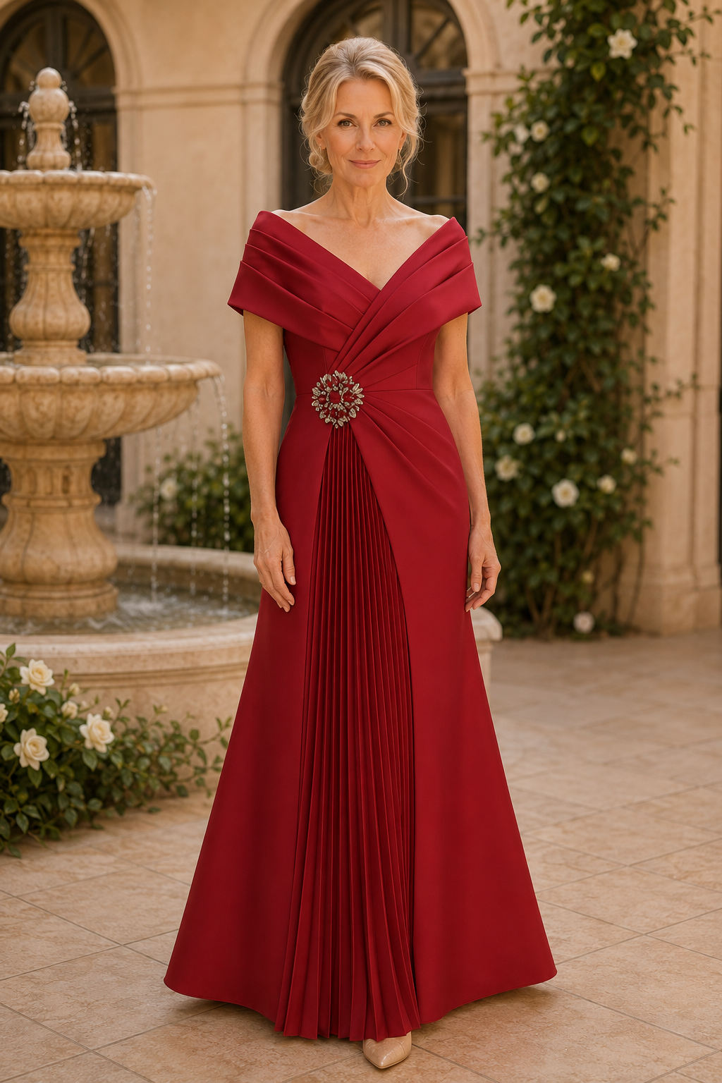 Pleated Off-the-Shoulder Brooch Gown