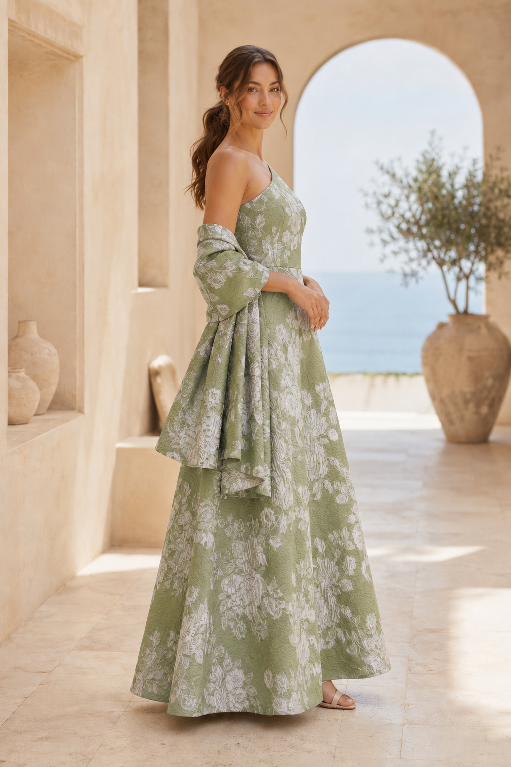 One-Shoulder Floral Jacquard A-Line Gown with Matching Shawl
