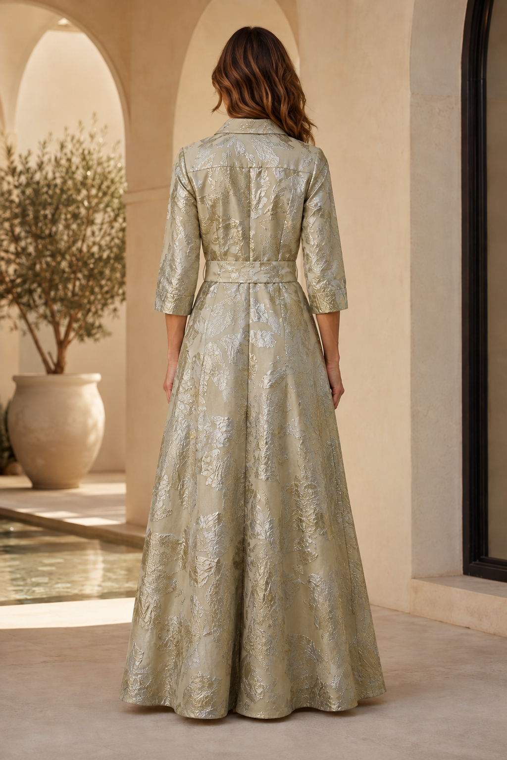 Metallic Floral Jacquard Shirt Dress with Belted Waist