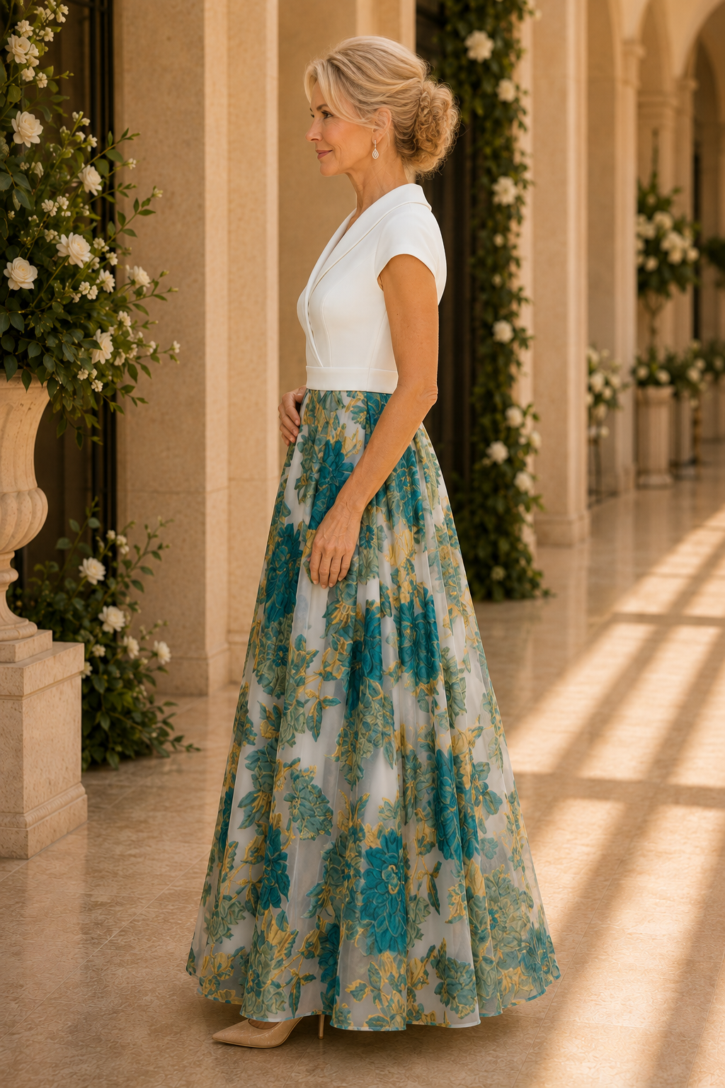 Collared V-Neck A-Line Gown with Floral Skirt