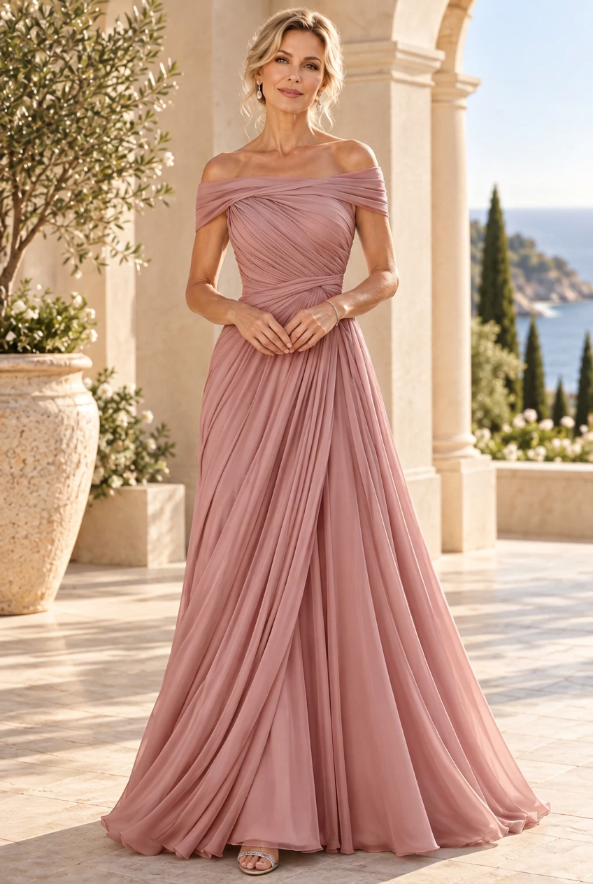 Off-the-Shoulder Pleated Chiffon A-Line Gown