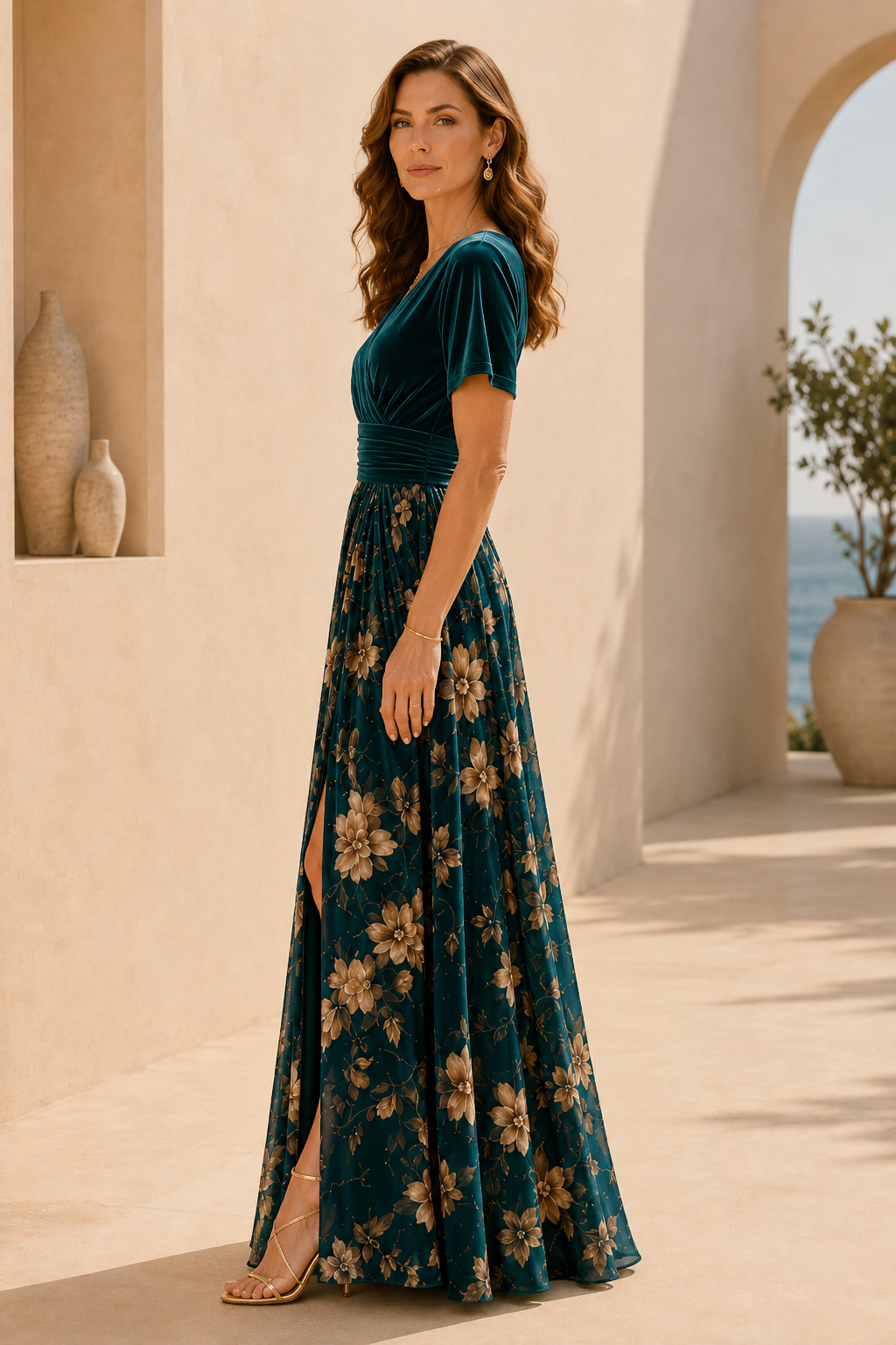 Velvet V-Neck Floral Maxi Dress with Slit