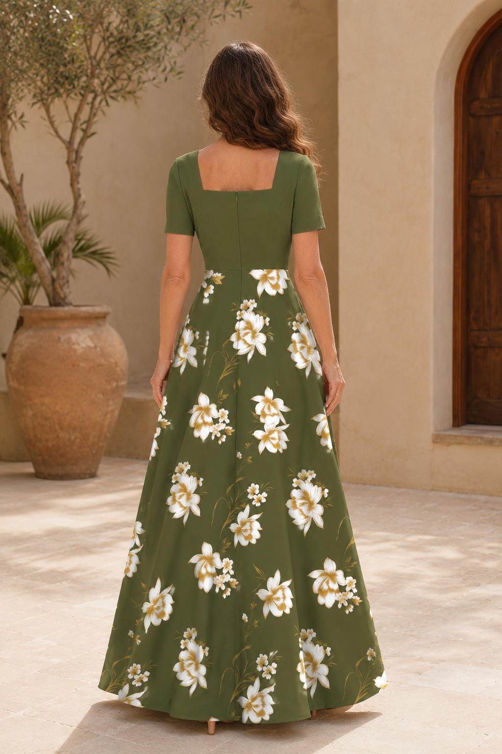 Elegant Square Neck A-Line Floral Maxi Dress