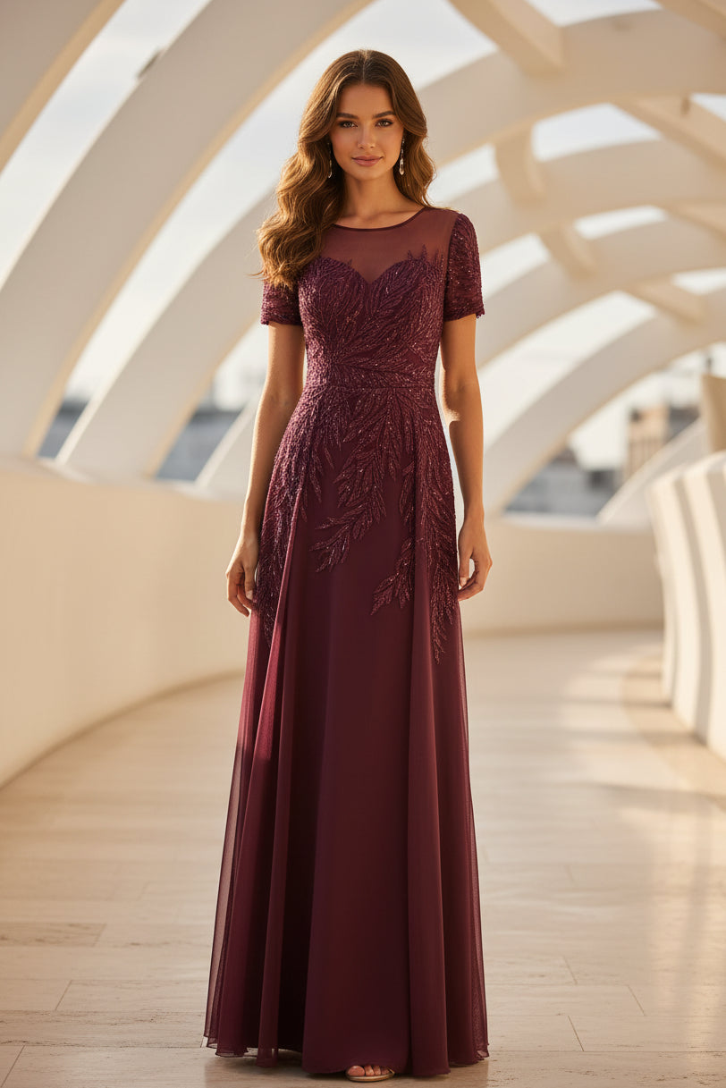 Illusion Short Sleeve A-Line Evening Gown