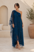 One Shoulder Cape Sleeve Floral Applique Maxi Dress