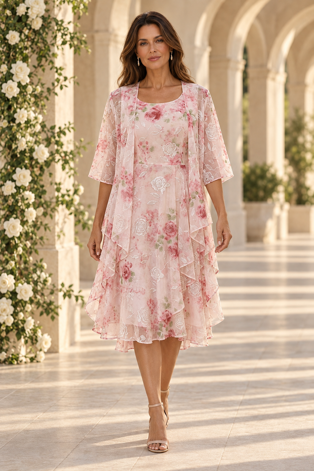 Floral Tiered Midi Dress with Sheer Jacket