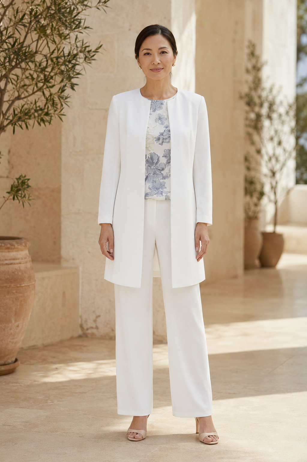 Three-Piece Pantsuit Set with Floral Print Top
