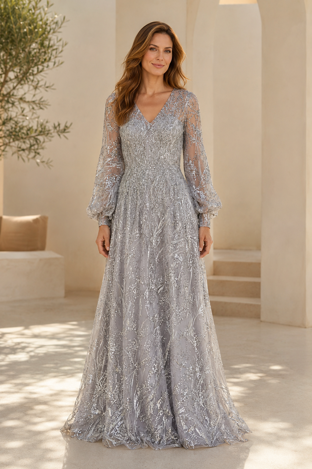 Long Sleeve Illusion Sequin A-Line Evening Gown