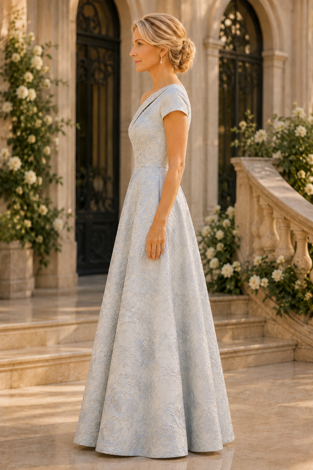 One-Shoulder Floral Jacquard A-Line Gown