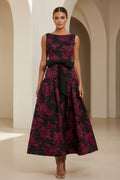 Floral Jacquard Sleeveless Midi Dress with Bow