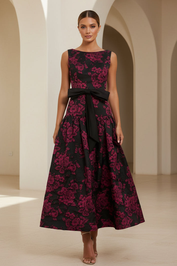 Floral Jacquard Sleeveless Midi Dress with Bow