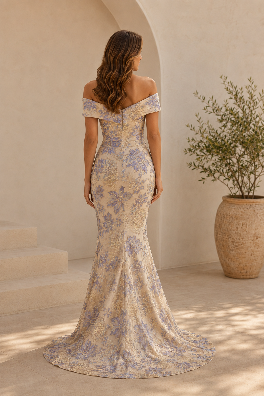 Off-the-Shoulder Jacquard Mermaid Evening Gown